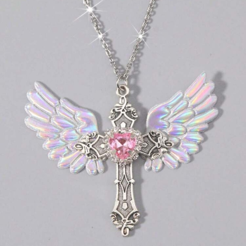 ✝️  CROSS WITH IRIDESCENT ANGEL WINGS NECKLACE WITH PINK HEART RHINESTONE.  ✝️ - Picture 4 of 5